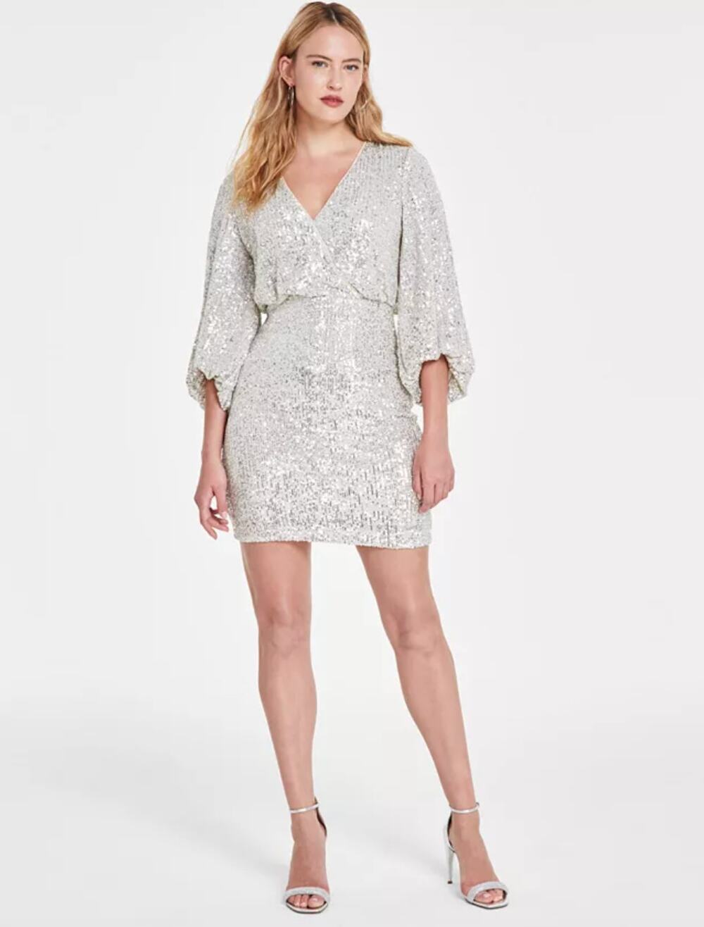 Eliza J Sequined Dress Long Blouson Sleeve Cocktail Draped Party Silver US 8 NWT